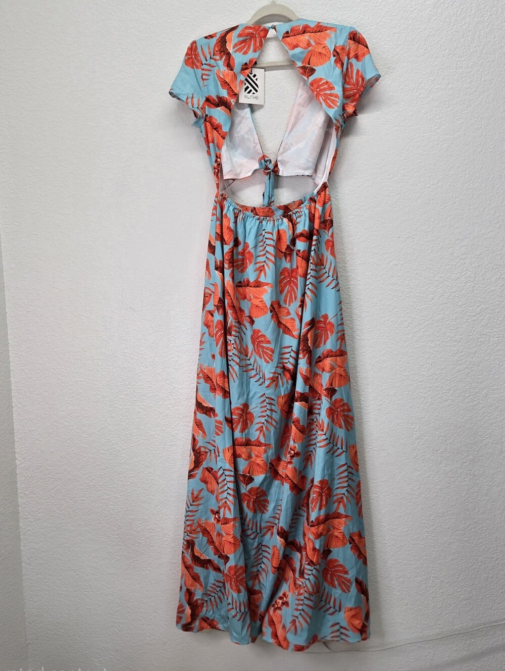 Blithe Blue Orange Leaf Print High Slit Maxi Dress Attached Shorts Romper Sz M - Picture 6 of 17
